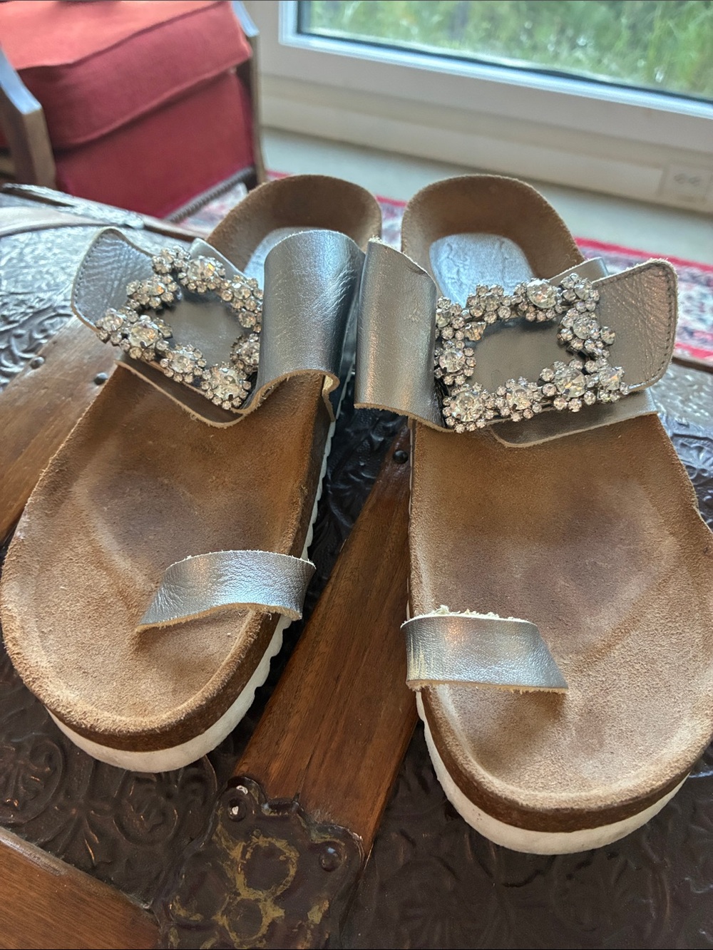 Jeffrey Campbell Metallic Silver Crystal Buckle Slide Sandals